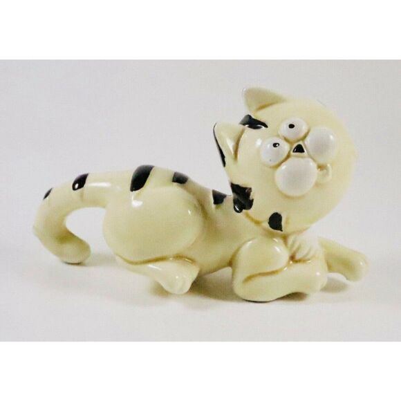 Vintage Ceramic Striped Funny Face Cat Figurine Silly Kitty Chubby Cheeks Kawaii - Picture 1 of 8